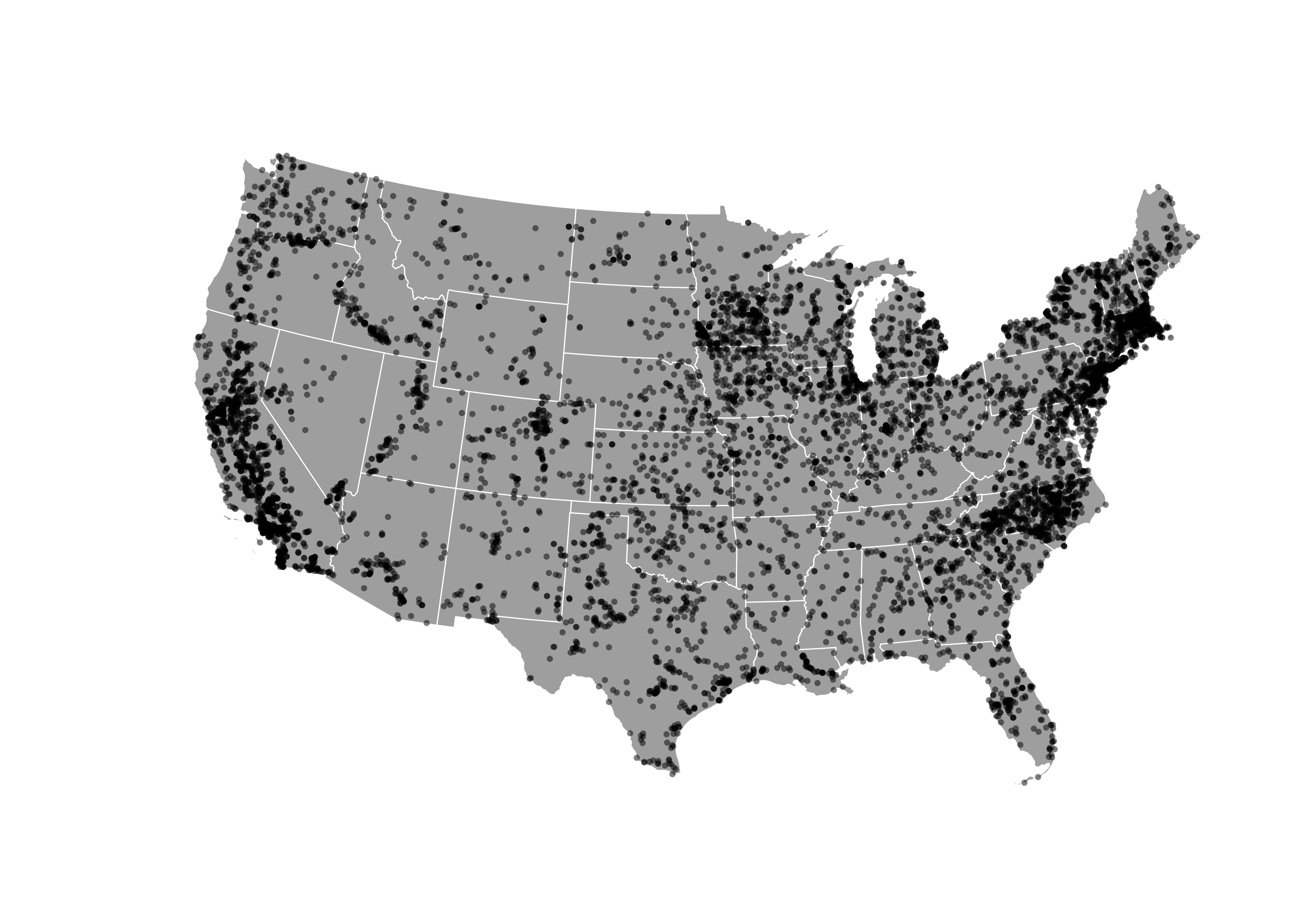 Simple dot map where each dot represents a power plant